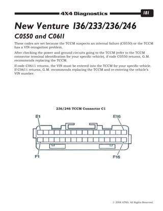 © 2008 ATRA. All Rights Reserved.
4X4 Diagnostics 181
New Venture 136/233/236/246
C0550 and C0611
These codes are set because the TCCM suspects an internal failure (C0550) or the TCCM
has a VIN recognition problem.
After checking the power and ground circuits going to the TCCM (refer to the TCCM
connector terminal identification for your specific vehicle), if code C0550 returns, G.M.
recommends replacing the TCCM.
If code C0611 returns, the VIN must be entered into the TCCM for your specific vehicle.
If C0611 returns, G.M. recommends replacing the TCCM and re-entering the vehicle’s
VIN number.
236/246 TCCM Connector C1
 