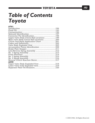 © 2008 ATRA. All Rights Reserved.
TOYOTA 193
A761
Introduction............................................................194
Fluid Fill..................................................................195
Contamination.........................................................196
Solenoid Identification.............................................197
Connector Pin Identification.....................................198
Upper Valve Body Check Ball Locations...................199
Main Valve Body Check Ball Locations.....................200
Clutch And Band Application Chart.........................201
Codes and Definitions..............................................202
Valve Body Exploded View.......................................205
Accumulator Piston Identification............................208
Brake Plate Stopper.................................................211
Low/Reverse Sprag Assembly..................................212
No. 3 Sprag Assembly..............................................213
Front Planetary........................................................214
No. 2 Sprag Assembly..............................................215
No. 4 Sprag Assembly..............................................216
Reverse Clutch Reaction Sleeve................................217
A340
Upper Valve Body Exploded View.............................218
Lower Valve body Exploded View..............................219
Separator Plate Oil Strainers....................................220
Table of Contents
Toyota
 