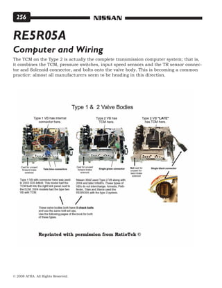 © 2008 ATRA. All Rights Reserved.
NISSAN256
RE5R05A
The TCM on the Type 2 is actually the complete transmission computer system; that is,
it combines the TCM, pressure switches, input speed sensors and the TR sensor connec-
tor and Solenoid connector, and bolts onto the valve body. This is becoming a common
practice: almost all manufacturers seem to be heading in this direction.
Computer and Wiring
 