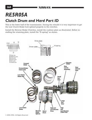 © 2008 ATRA. All Rights Reserved.
NISSAN268
RE5R05A
Clutch Drum and Hard Part ID
This is the lower half of the transmission. During the rebuild it is very important to get
the Low Clutch Brake hub splined properly to the clutches.
Install the Reverse Brake Clutches, install the cushion plate as illustrated. Before in-
stalling the retaining plate, install the “N-spring” as shown.
 