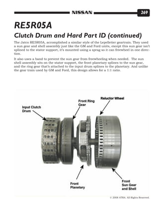 © 2008 ATRA. All Rights Reserved.
NISSAN 269
RE5R05A
Clutch Drum and Hard Part ID (continued)
The Jatco RE5R05A, accomplished a similar style of the Lepelletier geartrain. They used
a sun gear and shell assembly just like the GM and Ford units, except this sun gear isn’t
splined to the stator support, it’s mounted using a sprag so it can freewheel in one direc-
tion.
It also uses a band to prevent the sun gear from freewheeling when needed. The sun
shell assembly sits on the stator support, the front planetary splines to the sun gear,
and the ring gear that’s attached to the input drum splines to the planetary. And unlike
the gear train used by GM and Ford, this design allows for a 1:1 ratio.
 