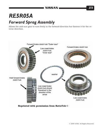 © 2008 ATRA. All Rights Reserved.
NISSAN 273
Forward Sprag Assembly
RE5R05A
Allows the mid-sun gear to turn freely in the forward direction but fastens it for the re-
verse direction.
 