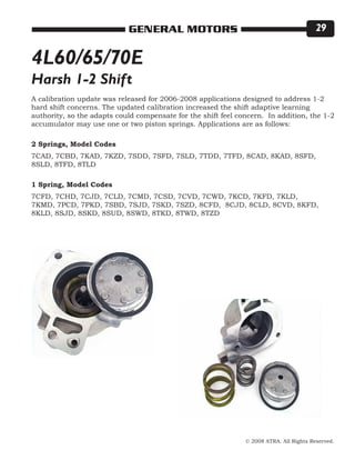 © 2008 ATRA. All Rights Reserved.
GENERAL MOTORS 29
4L60/65/70E
Harsh 1-2 Shift
A calibration update was released for 2006-2008 applications designed to address 1-2
hard shift concerns. The updated calibration increased the shift adaptive learning
authority, so the adapts could compensate for the shift feel concern. In addition, the 1-2
accumulator may use one or two piston springs. Applications are as follows:
2 Springs, Model Codes
7CAD, 7CBD, 7KAD, 7KZD, 7SDD, 7SFD, 7SLD, 7TDD, 7TFD, 8CAD, 8KAD, 8SFD,
8SLD, 8TFD, 8TLD
1 Spring, Model Codes
7CFD, 7CHD, 7CJD, 7CLD, 7CMD, 7CSD, 7CVD, 7CWD, 7KCD, 7KFD, 7KLD,
7KMD, 7PCD, 7PKD, 7SBD, 7SJD, 7SKD, 7SZD, 8CFD, 8CJD, 8CLD, 8CVD, 8KFD,
8KLD, 8SJD, 8SKD, 8SUD, 8SWD, 8TKD, 8TWD, 8TZD
 