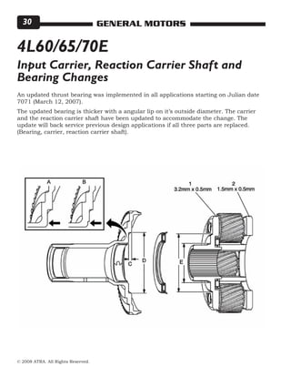 © 2008 ATRA. All Rights Reserved.
GENERAL MOTORS30
An updated thrust bearing was implemented in all applications starting on Julian date
7071 (March 12, 2007).
The updated bearing is thicker with a angular lip on it’s outside diameter. The carrier
and the reaction carrier shaft have been updated to accommodate the change. The
update will back service previous design applications if all three parts are replaced.
(Bearing, carrier, reaction carrier shaft).
4L60/65/70E
Input Carrier, Reaction Carrier Shaft and
Bearing Changes
 