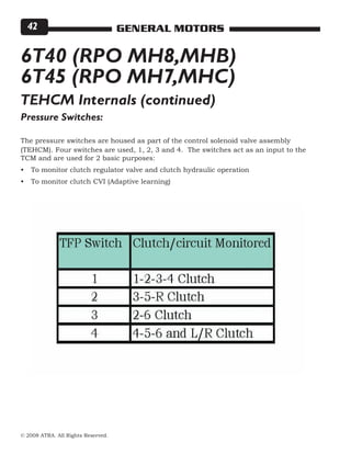 © 2008 ATRA. All Rights Reserved.
GENERAL MOTORS42
6T40 (RPO MH8,MHB)
6T45 (RPO MH7,MHC)
TEHCM Internals (continued)
Pressure Switches:
The pressure switches are housed as part of the control solenoid valve assembly
(TEHCM). Four switches are used, 1, 2, 3 and 4. The switches act as an input to the
TCM and are used for 2 basic purposes:
To monitor clutch regulator valve and clutch hydraulic operation
To monitor clutch CVI (Adaptive learning)
•
•
 