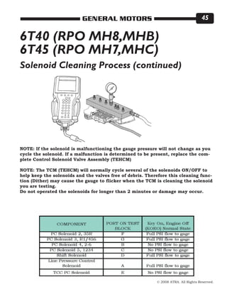 © 2008 ATRA. All Rights Reserved.
GENERAL MOTORS 45
6T40 (RPO MH8,MHB)
6T45 (RPO MH7,MHC)
NOTE: If the solenoid is malfunctioning the gauge pressure will not change as you
cycle the solenoid. If a malfunction is determined to be present, replace the com-
plete Control Solenoid Valve Assembly (TEHCM)
NOTE: The TCM (TEHCM) will normally cycle several of the solenoids ON/OFF to
help keep the solenoids and the valves free of debris. Therefore this cleaning func-
tion (Dither) may cause the gauge to flicker when the TCM is cleaning the solenoid
you are testing.
Do not operated the solenoids for longer than 2 minutes or damage may occur.
Solenoid Cleaning Process (continued)
 