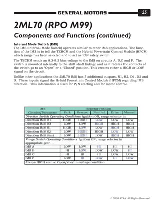 © 2008 ATRA. All Rights Reserved.
GENERAL MOTORS 55
2ML70 (RPO M99)
Internal Mode Switch (IMS)
The IMS (Internal Mode Switch) operates similar to other IMS applications. The func-
tion of the IMS is to tell the TEHCM and the Hybrid Powertrain Control Module (HPCM)
which range has been selected and to act as P/N safety switch.
The TECHM sends an 8.3-9.3 bias voltage to the IMS on circuits A, B,C and P. The
switch is mounted internally to the shift shaft linkage and as it rotates the contacts of
the switch go to an “Open” or a “Closed” position. This creates either a HIGH or LOW
signal on the circuit.
Unlike other applications the 2ML70 IMS has 5 additional outputs, R1, R2, D1, D2 and
S. These inputs signal the Hybrid Powertrain Control Module (HPCM) regarding IMS
direction. This information is used for P/N starting and for motor control.
Components and Functions (continued)
 