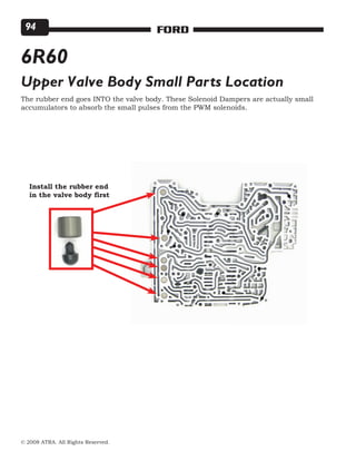 © 2008 ATRA. All Rights Reserved.
FORD94
6R60
The rubber end goes INTO the valve body. These Solenoid Dampers are actually small
accumulators to absorb the small pulses from the PWM solenoids.
Upper Valve Body Small Parts Location
Install the rubber end
in the valve body first
 