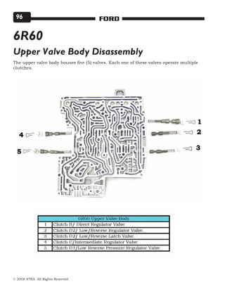 © 2008 ATRA. All Rights Reserved.
FORD96
6R60
Upper Valve Body Disassembly
The upper valve body houses five (5) valves. Each one of these valves operate multiple
clutches.
 