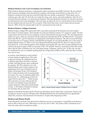 Biodiesel Reduces Life-Cycle Greenhouse Gas Emissions
When biodiesel displaces petroleum, it significantly reduces greenhouse gas (GHG) emissions. By one estimate,
GHG emissions (including carbon dioxide [CO2], methane, and nitrogen oxide [NOx]) are reduced by 41%, if
biodiesel is produced from crops harvested from fields that were already in production.5 When plants such as
soybeans grow, they take CO2 from the air to make the stems, roots, leaves, and seeds (soybeans). After the oil is
extracted from the soybeans, it is converted into biodiesel. When the biodiesel is burned, CO2 and other emissions
are released and return to the atmosphere. This cycle does not add to the net CO2 concentration in the air because
the next soybean crop will reuse the CO2 as it grows. When fossil fuels such as coal or diesel fuel are burned,
however, 100% of the CO2 released adds to the CO2 concentration levels in the air.

Biodiesel Reduces Tailpipe Emissions
Biodiesel reduces tailpipe PM, hydrocarbon (HC), and carbon monoxide (CO) emissions from most modern
four-stroke CI or diesel engines. These benefits occur because biodiesel contains 11% oxygen by weight. The fuel
oxygen allows the fuel to burn more completely, so fewer unburned fuel emissions result. This same phenomenon
reduces air toxics, which are associated with the unburned or partially burned HC and PM emissions. Testing has
shown that PM, HC, and CO reductions are independent of the biodiesel feedstock. The EPA reviewed 80 biodie-
sel emission tests on CI engines and has concluded that the benefits are real and predictable over a wide range of
biodiesel blends (Figure 2).8 EPA’s review also indicated that B20 increased NOx by about 2% relative to petro-
leum diesel use. A more detailed analysis of the database examined by EPA, plus more recently published results,
confirms the positive impact of B20 on emissions of HC, CO, and PM.9 However, examination of the NOx results
shows that the effect of biodiesel can vary with engine design, calibration, and test cycle. At this time, the data
are insufficient for users to conclude anything about the average effect of B20 on NOx, other than that it is likely
very close to zero.
In contrast, when biodiesel is used in boilers
or home heating oil applications, NOx tends                                              0
                                                                                                                       Hydrocarbon
                                                          Percent Change in Emissions




to decrease because the combustion process                                                                             Carbon Monoxide
is different (open flame for boilers, enclosed                                                                         Particulate Water
cylinder with high-pressure spray combustion                                            -20
for engines). The NOx reduction seen with
biodiesel blends used in boilers appears to be
                                                                                        -40
independent of the type of biodiesel used. In
blends with heating oil up to 20% biodiesel,
NOx is reduced linearly with increasing biodie-                                         -60
sel content. For every 1% biodiesel added, NOx
decreases by 1%. A B20 heating oil fuel will
reduce NOx by about 20%.10,11 Sulfur dioxide                                            -80
(SO2) emissions were also reduced when the                                                    0   20      40      60        80         100
two fuels were blended, because biodiesel                                                              Percent Biodiesel
contains much less sulfur than typical heating
oil does. A 20% blend of biodiesel in heating          Figure 2. Average Emission Impacts of Biodiesel Fuels in CI Engines12
oil will reduce SO2 by about 20%.
Heating oil and diesel fuel dyed red for off-road use (agriculture, power, boiler fuels, construction, forestry, and
mining) can contain as much as 500 ppm sulfur. Blending biodiesel into off-road diesel fuel can significantly
reduce SO2 emissions. Nonroad diesel will transition to 15 ppm sulfur beginning in 2010.

Biodiesel and Human Health
Some PM and HC emissions from diesel fuel combustion are toxic or carcinogenic. Using B100 can eliminate as
much as 90% of these air toxics. B20 reduces air toxics by 20% to 40%. The positive effects of biodiesel on air
toxics have been shown in numerous studies.


 8 • Biodiesel Handling and Use Guide (Fourth Edition) • 2008
 