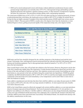 • B100 can be stored underground in most cold climates without additional considerations because under-
      ground storage temperatures are normally above 45ºF (7ºC). Aboveground storage and handling systems
      should be protected with insulation, agitation, heating systems, or other measures if temperatures regularly
      fall below the cloud point. This precaution includes piping, tanks, and pumping equipment.
The cloud point of B100 starts at 30º to 32ºF (-1º to 0ºC) for most plant oils that are composed primarily of mono-
or polyunsaturated fatty acid chains; the cloud point can go as high as 80ºF (27ºC) or higher for animal fats or
frying oils that are highly saturated. Examples of the cloud and pour points of B100 made from various sources
are listed in Table 5. The pour point of B100 is usually only a few degrees lower than the cloud point, so once
biodiesel begins to freeze, gelling can proceed rapidly if the temperature drops only a few degrees further.



                                   Table 5. Cold Flow Data for Various B100 Fuels15
                                                Cloud Point (ASTM D2500)        Pour Point (ASTM D97)
             Test Method for B100 Fuel
                                                    (ºF)          (ºC)            (ºF)           (ºC)
             Soy Methyl Ester                       32             0              25              -4
             Canola Methyl Ester                    26             -3             25              -4
             Lard Methyl Ester                      56             13             55              13
             Edible Tallow Methyl Ester             66             19             60              16
             Inedible Tallow Methyl Ester           61             16             59              15
             Yellow Grease 1 Methyl Ester            –             –              48              9
             Yellow Grease 2 Methyl Ester           46             8              43              6



B100 tanks and fuel lines should be designed for the cold flow properties of the biodiesel used and the local
climate. Fuel pumps, lines, and dispensers must be protected from the cold and wind chill with properly approved
heating and insulating equipment. Fuel in aboveground tanks should be heated to 5º to 10ºF (-15º to -12ºC)
above the fuel cloud point.
Once crystals begin to form, they will go back into solution as the fuel warms. However, that process can be slow
if the fuel is heated only slightly above the cloud point. Crystals formed in biodiesel or diesel fuel can drift to the
bottom of the tank and begin to build up a gel layer. Slow agitation can prevent crystals from building up on the
tank bottom or, once present in the fuel, can help to bring the crystals back into liquid form. If B100 has gelled
completely, the B100 should be heated to 100º to 110ºF (38º to 43ºC) to melt the most highly saturated biodiesel
components if the fuel needs to be used immediately. Lower temperatures can be used if there is more time to
allow the biodiesel to liquefy.
Some additive manufacturers provide data that show their cold flow additives can reduce the pour point of a B100
by as much as 30ºF (12ºC), but only with very large amounts of additives. At more typical treat rates, benefits
were below detection levels.
B100 in the United States cannot be effectively managed with current cold flow additives, as can some petroleum
diesel or European rapeseed-oil-based biodiesel. The level of saturated compounds in U.S. oils and fats is too
high for most additives to be effective. Cold flow additives’ effectiveness can also change dramatically, depending
on the exact type of biodiesel and the processing it has undergone; this is much like the situation with diesel fuel.
Cold flow additives have been used much more successfully with biodiesel blends. You should work directly with
the additive manufacturers on this issue.


 18 • Biodiesel Handling and Use Guide (Fourth Edition) • 2008
 