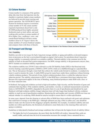 3.5 Cetane Number
Cetane number is a measure of the ignition
delay (the time from fuel injection into the        EPA Highway Diesel
chamber to ignition); higher cetane numbers
                                                           CARB Diesel
are believed to provide easier starting and
quieter operation. The ASTM D6751 speci-                           Lard
fication for biodiesel requires a minimum                 Edible Tallow
cetane number of 47; the cetane number                   Inedible Tallow
required of petroleum diesel fuel is only               Yellow Grease 1
40. B100 produced from highly saturated
                                                        Yellow Grease 2
feedstocks (such as lard, tallow, and used
cooking oils) can have a cetane number of                        Canola
60 or higher. Soy-, sunflower-, corn-, and                          Soy
canola-based biodiesel will have cetane                                    0   10     20     30     40      50     60       70
numbers closer to 47. Figure 4 shows the
cetane numbers of various biodiesel samples                                              Cetane Number
and compares them with those of diesels.
                                                  Figure 4. Cetane Number of Two Petroleum Diesels and Several Biodiesels
3.6 Transport and Storage
3.6.1 Stability
Stability can refer to two issues for fuels: long-term storage stability or aging and stability at elevated tempera-
tures or pressures as the fuel is recirculated through an engine’s fuel system. For petroleum diesel, long-term
storage stability is commonly referred to as oxidative stability. Thermal stability is the common term for the
stability of fuels at elevated fuel system temperatures. For B100, storage stability is the paramount concern; thus,
D6751 includes an oxidation stability requirement.
The oxidation stability test, EN14112 (also referred to as the Oil Stability Index [OSI] or the Rancimat test),
involves heating a specified quantity of B100 to 230ºF (110ºC) while air is bubbled through at a specified flow
rate. The air then passes through a water bath that collects the volatile acids formed in oxidation. A conductivity
meter is used to monitor the water. A stable B100 can go for many hours under these conditions without forming
volatile oxidation products. This period of time, before oxidation products form, is called the induction time or
induction period. The stability requirement in D6751 is that B100 have a minimum three-hour induction time.
Because this requirement applies at the time of blending, many biodiesel producers make B100 with a four- or
five-hour induction time.
In biodiesel, fuel aging and oxidation can lead to high acid numbers, high viscosity, and the formation of gums and
sediments that clog filters. If the oxidation stability, acid number, viscosity, or sediment measurements exceed the
limits in ASTM D6751, the B100 is degraded to the point where it is out of specification and should not be used.
Biodiesel with high oxidation stability (longer induction time) will take longer than biodiesel with low oxidation
stability to reach an out-of-specification condition. Monitoring the acid number and viscosity of B100 over time can
indicate whether it is oxidizing. B100 should be tested at receipt to ensure that it is within specification.
In some cases, deposits from the cleaning or solvent effect of B100 have been confused with gums and sediments
that could form in storage as the B100 ages. Although sediment can clog a filter in either case, care should be
taken to make sure the reason for the clogging is properly identified. For example, if oxidation stability and acid
number are within specification, the formation of sediment is most likely due to the cleaning effect and not to
aging or oxidation.
Guidelines to help identify biodiesel and storage conditions that will provide the highest levels of stability follow:
  • The higher the level of unsaturation, the more likely that the B100 will oxidize. Saturated fatty acids are
    usually stable, and each time the level of unsaturation increases (for example, from a saturated fat to a


                                                            2008 • Biodiesel Handling and Use Guide (Fourth Edition) • 19
 
