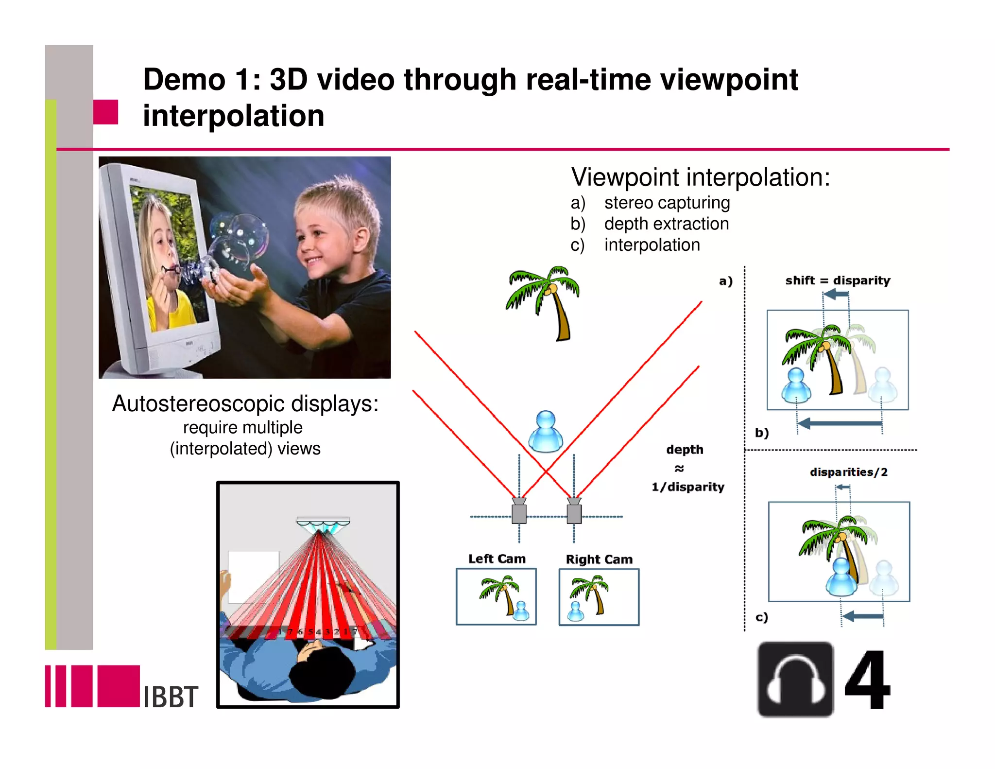Demo 1: 3D video through real-time viewpoint
  interpolation
                              Viewpoint interpolation:
                              a)   stereo capturing
                              b)   depth extraction
                              c)   interpolation




Autostereoscopic displays:
       require multiple
     (interpolated) views
 