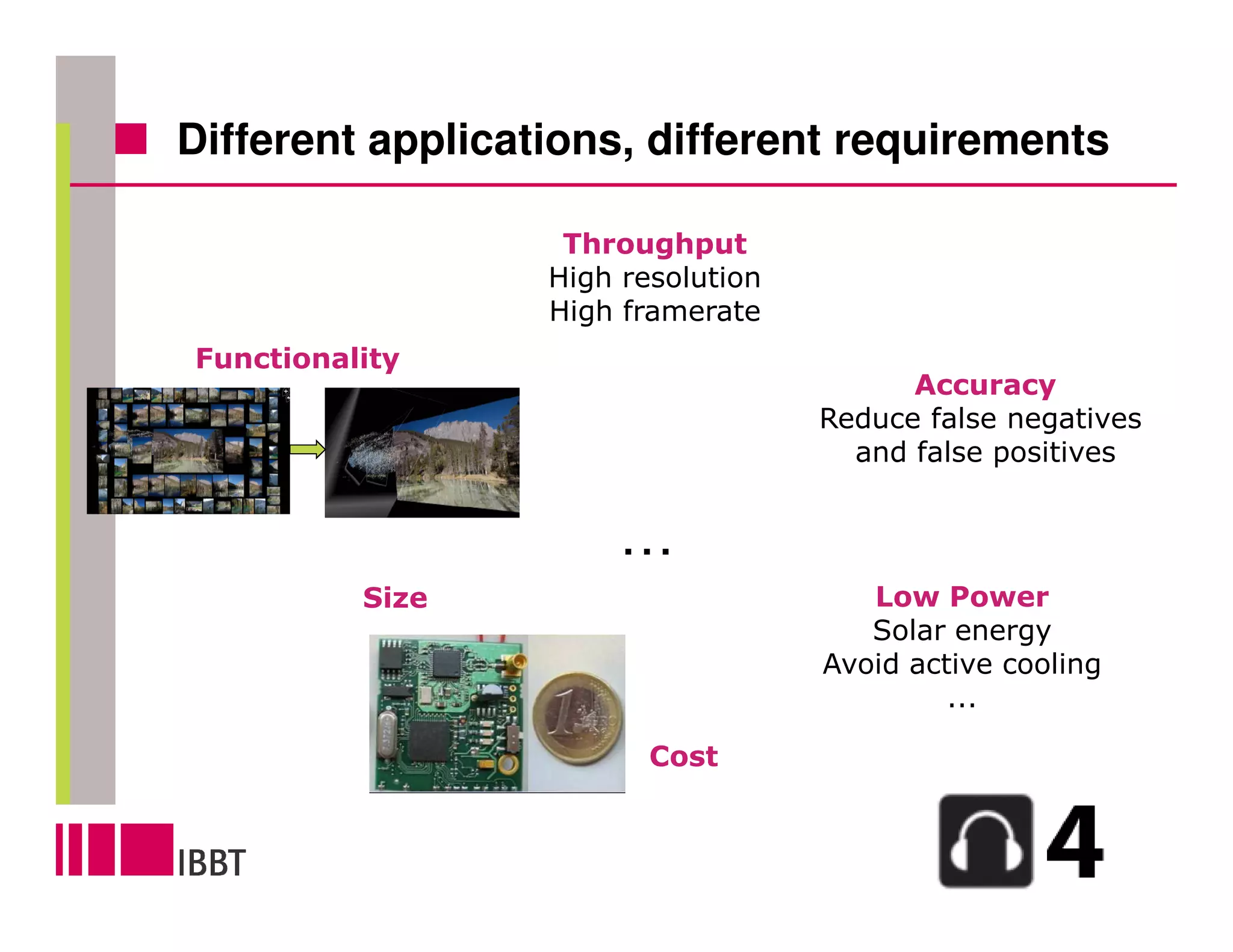 Different applications, different requirements

                   Throughput
                  High resolution
                  High framerate
Functionality
                                          Accuracy
                                    Reduce false negatives
                                      and false positives


                      …
          Size                         Low Power
                                       Solar energy
                                    Avoid active cooling
                                             ...

                         Cost
 