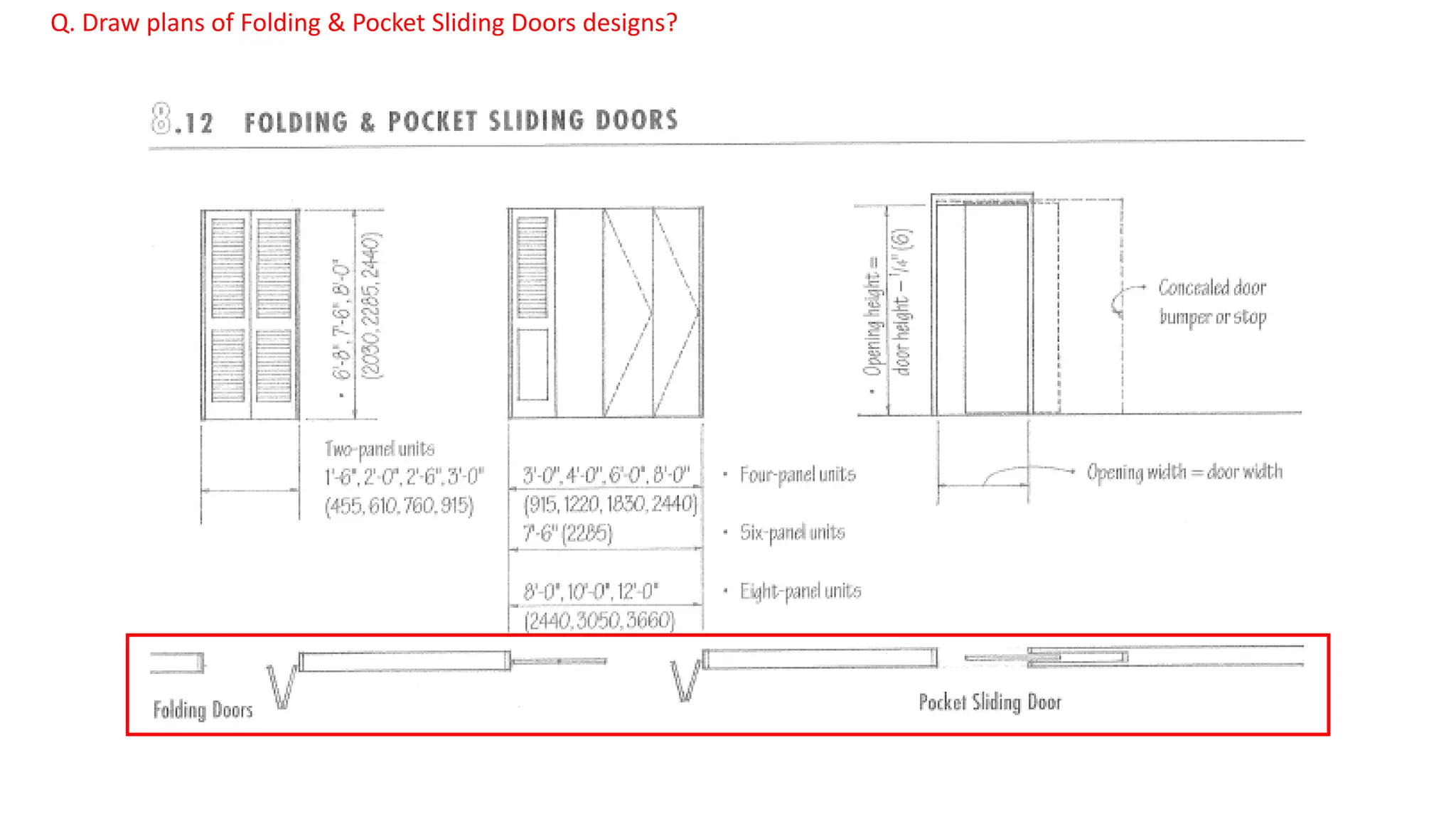 Q. Draw plans of Folding & Pocket Sliding Doors designs?