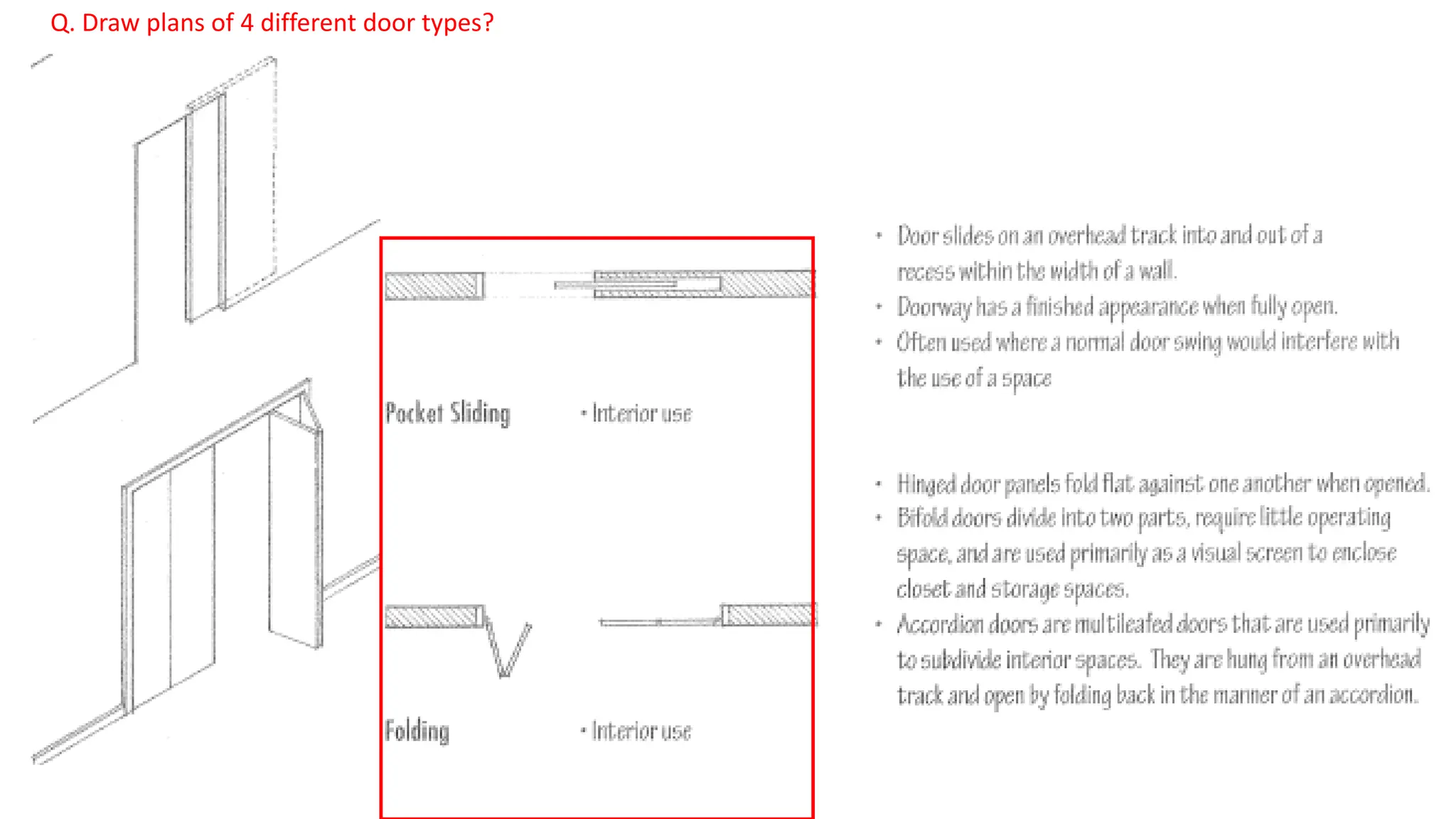 Q. Draw plans of 4 different door types?