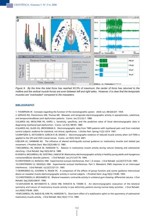 CIENTÍFICA, Volumen 5 N° 3/4, 2008




 Figure 9. By the time the total force has reached 93.5% of maximum, the center of force has returned to the
 midline and the vertical muscle forces are even between left and right sides. However, it is clear that the temporalis
 muscles are “overloaded” compared to the masseters.



 BIBLIOGRAPHY

 1. THOMPSON JR: Concepts regarding the function of the stomatognathic system. JADA Jun; 48:626-637. 1954.
 2.GERVAIS RO, Fitzsimmons GW, Thomas NR. Masseter and temporalis electromyographic activity in asymptomatic, subclinical,
 and temporomandibular joint dysfunction patients. Cranio. Jan;7(1):52-7. 1989.
 3.GLAROS AG, MCGLYNN FD, KAPEL L. Sensitivity, specificity, and the predictive value of facial electromyographic data in
 diagnosing myofascial pain-dysfunction. Cranio. Jul;7(3):189-93. 1989.
 4.GLAROS AG, GLASS EG, BROCKMAN D. Electromyographic data from TMD patients with myofascial pain and from matched
 control subjects: evidence for statistical, not clinical, significance. J Orofac Pain. Spring;11(2):125-9. 1997.
 5.KAMYSZEK G, KETCHAM R, GARCIA R JR, RADKE J. Electromyographic evidence of reduced muscle activity when ULF-TENS is
 applied to the Vth and VIIth cranial nerves. Cranio. Jul;19(3):162-8. 2001.
 6.BELSER UC, HANNAM AG. The influence of altered working-side occlusal guidance on masticatory muscles and related jaw
 movement. J Prosthet Dent. Mar;53(3):406-13. 1985.
 7.MCCARROLL RS, NAEIJE M, HANSSON TL. Balance in masticatory muscle activity during natural chewing and submaximal
 clenching. J Oral Rehabil. Sep;16(5):441-6. 1989.
 8.VISSER A, MCCARROLL RS, OOSTING J, NAEIJE M. Masticatory electromyographic activity in healthy young adults and myogenous
 craniomandibular disorder patients. J Oral Rehabil. Jan;21(1):67-76. 1994.
 9.CHRISTENSEN LV, RASSOULI NM. Experimental occlusal interferences. Part I. A review. J Oral Rehabil. Jul;22(7):515-20. 1995.
 10.CHRISTENSEN LV, RASSOULI NM. Experimental occlusal interferences. Part II. Masseteric EMG responses to an intercuspal
 interference. J Oral Rehabil. Jul;22(7):521-31. 1995.
 11.BORROMEO GL, SUVINEN TI, READE PC. A comparison of the effects of group function and canine guidance interocclusal
 device on masseter muscle electromyographic activity in normal subjects. J Prosthet Dent. Aug;74(2):174-80. 1995.
 12.CHRISTENSEN LV, MOHAMED SE. Bilateral masseteric contractile activity in unilateral gum chewing: differential calculus. J Oral
 Rehabil. Sep;23(9):638-47. 1996.
 13.SAIFUDDIN M, MIYAMOTO K, UEDA HM, SHIKATA N, TANNE K. An electromyographic evaluation of the bilateral
 symmetry and nature of masticatory muscle activity in jaw deformity patients during normal daily activities. J Oral Rehabil.
 Jun;30(6):578-86. 2003.
 14.MCCARROLL RS, NAEIJE M, KIM YK, HANSSON TL. Short-term effect of a stabilization splint on the asymmetry of submaximal
 masticatory muscle activity. J Oral Rehabil. Mar;16(2):171-6. 1989.




                                                              182
 