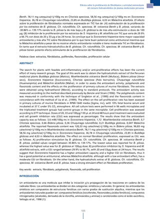 Efectos sobre la proliferación de fibroblastos y actividad antioxidante
                                                                  del extracto hidroalcohólico de plantas medicinales peruanas



Benth, 78,11 mg catequina(+)/100g ms en Chorisia speciosa, 58,56 mg catequina(+)/100g ms en Scorzonera
hispanica, 36,78 en Chuquiraga rutundifolia, 23,85 en Buddleja globosa, 4,03 en Malachra alceifolia. El efecto
sobre la proliferación de fibroblastos normales expresada en TIC fue de: (A) estimulación de la proliferación
por los extractos de B. globosa, Ch. rutundifolia, Ch. speciosa, M. volcanica Benth y B. pilosa, variando de
-30.86% a -139.17% siendo la B. pilosa la de más baja y B. globosa la de más alta estimulación a dosis de 100
µg; (B) inhibición de la proliferación por los extractos de S. hispanica y M. alceifolia con TIC que varía de 29.9%
a 66.7% con dosis de 20 y 33 µg a las 24 horas. Se concluye que la Scorzonera hispanica tiene mayor capacidad
antioxidante y más alta TIC sobre fibroblastos por lo que tiene buen potencial como antitumoral mientras que
la Malachra alceifolia a pesar de no mostrar efecto antioxidante notable si tiene moderada TIC en fibroblastos.
En tanto que el extracto hidroalcohólico de B. globosa, Ch. rutundifolia, Ch. speciosa, M. volcanica Benth y B.
pilosa tienen potente efecto estimulante de la proliferación de fibroblastos.

Palabras clave: extractos, fibroblastos, polifenoles, flavonoides, proliferación celular

ABSTRACT

The search for plants with feasible anti-inflammatory and/or anti-proliferative effects has been the current
effort of many research groups. The goal of this work was to obtain the hydroalcoholic extract of the Peruvian
medicinal plants Buddleja globosa (Matico), Muehlenbeckia volcanica Benth (Mullaca), Bidens pilosa (Amor
seco), Scorzonera hispanica (Escorzonera), Chorisia speciosa (Palo borracho), Chuquiraga rutundifolia
(Huamanpinta) and Malachra alceifolia (Malva), in order to assess the antioxidant activity, polyphenols and
flavonoids content and the effects on the proliferation of primary cultures of murine fibroblasts. The extracts
were obtained using hydroethanol (Merck), according to standard protocols. The antioxidant activity was
measured according to the method described previously by Benzie and Strain (1996). The polyphenols content
was measured in conforrmity with the technique of Singleton et al., (1999) and the flavonoids content in
concordance with the method of Jia et al., (1999). The effect on the cell proliferation rate has been assessed
in primary cultures of murine fibroblasts in RPMI-1640 media (Sigma, Inc), with 10% fetal bovine serum and
incubated at 37°C under 5% CO2 atmosphere. All cell culture tests were performed in 96 wells microplates and
the triplicated treatment groups had control groups in the same microplate. Cell proliferation was assessed
according to XTT technique. Doses of 20, 33 and 100μg/130 µL at 24 and 48 hours post treatment were evaluated
and cell growth inhibition rate (CGI) was expressed as percentages. The results show that the antioxidant
capacity was as follows: 3,6 mM/100g ms in Scorzonera hispanica, 1,72 Muehlenbeckia volcanica Benth, 0,7
Chorisia speciosa, 0,66 Bidens pilosa, 0,36 Chuquiraga rutundifolia, 0,21 Buddleja globosa, 0,047 Malachra
alceifolia. The reported flavonoids content was 120,33 mg catechine(+)/100g ms in Bidens pilosa, 96,83 mg
catechine(+)/100g ms in Muehlenbeckia volcanica Benth, 78,11 mg catechine(+)/100g ms in Chorisia speciosa,
58,56 mg catechine(+)/100g ms in Scorzonera hispanica, 36,78 in Chuquiraga rutundifolia, 23,85 in Buddleja
globosa and 4,03 in Malachra alceifolia. The effect on normal fibroblast proliferation, expressed as CGI, was
as follows: A) proliferation stimulation by B. globosa, Ch. rutundifolia, Ch. speciosa, M. volcanica Benth y
B. pilosa, yielded values ranged between 30.86% to 139.17%. The lowest value was reported for B. pilosa,
whereas the highest value was for B. globosa at 100µg dose; B) proliferation inhibition by S. hispanica and M.
alceifolia extracts, with a CGI ranged between 29.9% to 66.7%, with 20 and 33µg doses at 24 hours. The results
suggest that Scorzonera hispanica has a higher antioxidant capacity and a higher CGI on fibroblasts, thus it
has a good potential as antitumoral, whereas Malachra alceifolia, although with a low antioxidant effect, has a
moderate CGI on fibroblasts. On the other hand, the hydroalcoholic extrac of B. globosa, Ch. rutundifolia, Ch.
speciosa, M. volcanica Benth and B. pilosa, have a strong stimulant effect on fibroblasts proliferation.

Key words: extracts, fibroblasts, polyphenols, flavonoids, cell proliferation

INTRODUCCIÓN

Un antioxidante es una molécula que inhibe la iniciación y/o propagación de las reacciones en cadena de los
radicales libres. Los antioxidantes se dividen en dos categorías: sintéticos y naturales. En general, los antioxidantes
sintéticos son compuestos de estructuras fenólicas con varios grados de sustitución alquílica, mientras que los
antioxidantes naturales pueden ser: compuestos fenólicos (tocoferoles, flavonoides y ácidos fenólicos), compuestos
nitrogenados (alcaloides, derivados de la clorofila, aminoácidos y aminas) o carotenoides como el ácido ascórbico,
Velioglu et al., 1998 (1).



                                                           165
 