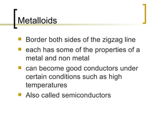 Metalloids Border both sides of the zigzag line each has some of the properties of a metal and non metal can become good conductors under certain conditions such as high temperatures Also called semiconductors 