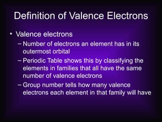 Definition of Valence Electrons Valence electrons Number of electrons an element has in its outermost orbital Periodic Table shows this by classifying the elements in families that all have the same number of valence electrons Group number tells how many valence electrons each element in that family will have 