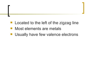 Located to the left of the zigzag line Most elements are metals Usually have few valence electrons 