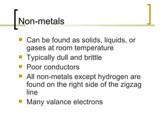 Non-metals Can be found as solids, liquids, or gases at room temperature  Typically dull and brittle  Poor conductors All non-metals except hydrogen are found on the right side of the zigzag line Many valance electrons 