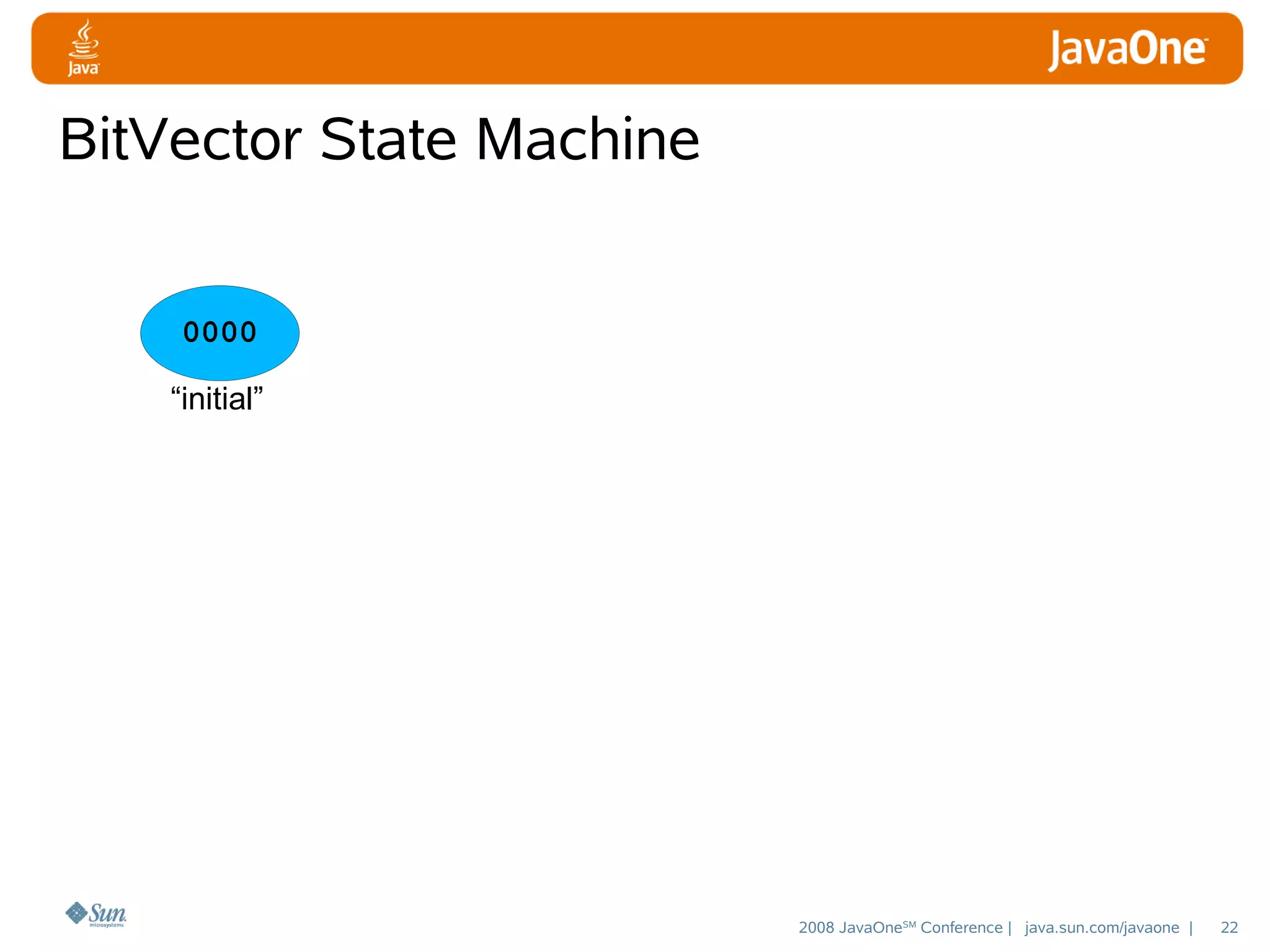 BitVector State Machine
0000
“initial”

2008 JavaOneSM Conference | java.sun.com/javaone |

22

 