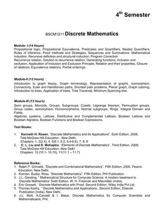 4th Semester


                      BSCM1211 Discrete              Mathematics

Module- I (14 Hours)
Propositional logic, Propositional Equivalence, Predicates and Quantifiers, Nested Quantifiers,
Rules of Inference, Proof methods and Strategies, Sequences and Summations, Mathematical
Induction, Recursive definition and structural induction, Program Correction
Recurrence relation, Solution to recurrence relation, Generating functions, Inclusion and
exclusion, Application of Inclusion and Exclusion Principle, Relation and their properties, Closure
of relations, Equivalence relations, Partial orderings.


Module-II (13 hours)
Introduction to graph theory, Graph terminology, Representation of graphs, Isomorphism,
Connectivity, Euler and Hamiltonian paths, Shortest path problems, Planar graph, Graph coloring,
Introduction to trees, Application of trees, Tree Traversal, Minimum Spanning tree.


Module-III (13 hours)
Semi groups, Monoids, Groups, Subgrorups, Cosets, Lagrange theorem, Permuation groups,
Group codes, isomorphism, Homomorphisms, Normal subgroups, Rings, Integral Domain and
Fields.
Algebraic systems, Lattices, Distributive and Complemented Lattices, Boolean Lattices and
Boolean Algrebra, Boolean Functions and Boolean Expressions.

Text Books:

1.   Kenneth H. Rosen, “Discrete Mathematics and its Applications”, Sixth Edition, 2008,
     Tata McGraw Hill Education , New Delhi.
     Chapters: 1, 2(2.4), 4, 6(6.1, 6.2, 6.4-6.6), 7, 8, 9
2.   C. L. Liu and D. Mohaptra, “Elements of Discrete Mathematics”, Third Edition, 2008,
     Tata McGraw Hill Education, New Delhi
     Chapters: 10 (10.1- 10.10), 11(11.1 – 11.7)


Reference Books:
1. Ralph P. Grimaldi, ”Discrete and Combinatorial Mathematics”, Fifth Edition, 2005, Pearon
   Education, New Delhi.
2. Kolman, Busby, Ross, “Discrete Mathematics”, Fifth Edition, PHI Publication.
3. J.L. Gersting, “ Mathematical Structure for Computer Science: A modern treatment to
   Discrete Mathematics’ Sixth Edition, W. H. Freeman and Macmillan (India).
4. Eric Gossett, ‘ Discrete Mathematics with Proof, Second Edition, Wiley India Pvt Ltd
5. Thomas Koshy, “ Discrete Mathematics and Applications:, Second Edition, Elsevier
   Publication (India), New Delhi.
6. J.L. Mott, A.Candell & I. Bekar, Discrete Mathematics for Computer Scientists and
   Mathematicians, PHI.
 