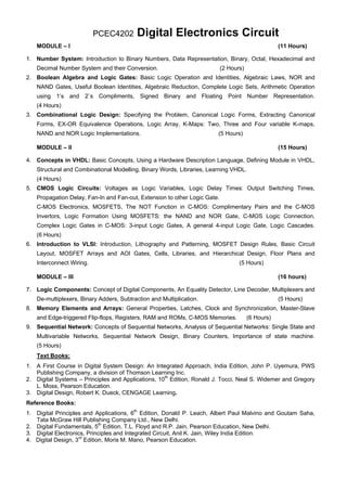 PCEC4202        Digital Electronics Circuit
   MODULE – I                                                                                      (11 Hours)

1. Number System: Introduction to Binary Numbers, Data Representation, Binary, Octal, Hexadecimal and
   Decimal Number System and their Conversion.                             (2 Hours)
2. Boolean Algebra and Logic Gates: Basic Logic Operation and Identities, Algebraic Laws, NOR and
   NAND Gates, Useful Boolean Identities, Algebraic Reduction, Complete Logic Sets, Arithmetic Operation
   using 1’s and 2`s Compliments, Signed Binary and Floating Point Number Representation.
   (4 Hours)
3. Combinational Logic Design: Specifying the Problem, Canonical Logic Forms, Extracting Canonical
   Forms, EX-OR Equivalence Operations, Logic Array, K-Maps: Two, Three and Four variable K-maps,
   NAND and NOR Logic Implementations.                                 (5 Hours)

   MODULE – II                                                                                     (15 Hours)

4. Concepts in VHDL: Basic Concepts, Using a Hardware Description Language, Defining Module in VHDL,
   Structural and Combinational Modelling, Binary Words, Libraries, Learning VHDL.
   (4 Hours)
5. CMOS Logic Circuits: Voltages as Logic Variables, Logic Delay Times: Output Switching Times,
   Propagation Delay, Fan-In and Fan-out, Extension to other Logic Gate.
   C-MOS Electronics, MOSFETS, The NOT Function in C-MOS: Complimentary Pairs and the C-MOS
   Invertors, Logic Formation Using MOSFETS: the NAND and NOR Gate, C-MOS Logic Connection,
   Complex Logic Gates in C-MOS: 3-input Logic Gates, A general 4-input Logic Gate, Logic Cascades.
   (6 Hours)
6. Introduction to VLSI: Introduction, Lithography and Patterning, MOSFET Design Rules, Basic Circuit
   Layout, MOSFET Arrays and AOI Gates, Cells, Libraries, and Hierarchical Design, Floor Plans and
   Interconnect Wiring.                                                           (5 Hours)

   MODULE – III                                                                                    (16 hours)

7. Logic Components: Concept of Digital Components, An Equality Detector, Line Decoder, Multiplexers and
   De-multiplexers, Binary Adders, Subtraction and Multiplication.                                 (5 Hours)
8. Memory Elements and Arrays: General Properties, Latches, Clock and Synchronization, Master-Slave
   and Edge-triggered Flip-flops, Registers, RAM and ROMs, C-MOS Memories.             (6 Hours)
9. Sequential Network: Concepts of Sequential Networks, Analysis of Sequential Networks: Single State and
   Multivariable Networks, Sequential Network Design, Binary Counters, Importance of state machine.
   (5 Hours)
   Text Books:
1. A First Course in Digital System Design: An Integrated Approach, India Edition, John P. Uyemura, PWS
   Publishing Company, a division of Thomson Learning Inc.
2. Digital Systems – Principles and Applications, 10th Edition, Ronald J. Tocci, Neal S. Widemer and Gregory
   L. Moss, Pearson Education.
3. Digital Design, Robert K. Dueck, CENGAGE Learning.
Reference Books:
1. Digital Principles and Applications, 6th Edition, Donald P. Leach, Albert Paul Malvino and Goutam Saha,
   Tata McGraw Hill Publishing Company Ltd., New Delhi.
2. Digital Fundamentals, 5th Edition, T.L. Floyd and R.P. Jain, Pearson Education, New Delhi.
3. Digital Electronics, Principles and Integrated Circuit, Anil K. Jain, Wiley India Edition.
4. Digital Design, 3rd Edition, Moris M. Mano, Pearson Education.
 