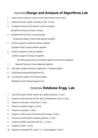 PCCS7203 Design                     and Analysis of Algorithms Lab
1.     Using a stack of characters, convert an infix string to postfix string.(1 class)

2.     Implement insertion, deletion, searching of a BST. (1 class)

3.     (a) Implement binary search and linear search in a program

      (b) Implement a heap sort using a max heap.

4.    (a) Implement DFS/ BFS for a connected graph.

         (b) Implement Dijkstra’s shortest path algorithm using BFS.

5.    (a) Write a program to implement Huffman’s algorithm.

      (b) Implement MST using Kruskal/Prim algorithm.

6.     (a) Write a program on Quick sort algorithm.

       (b) Write a program on merge sort algorithm.

              Take different input instances for both the algorithm and show the running time.

7.          Implement Strassen’s matrix multiplication algorithm.

8.     Write down a program to find out a solution for 0 / 1 Knapsack problem.

9.     Using dynamic programming implement LCS.

10.    (a) Find out the solution to the N-Queen problem.

      (b) Implement back tracking using game trees.


                                  PCCS7204           Database Engg. Lab
1.     Use of SQL syntax: insertion, deletion, join, updation using SQL. (1 class)
2.     Programs on join statements and SQL queries including where clause. (1 class)
3.     Programs on procedures and functions. (1 class)
4.     Programs on database triggers. (1 class)
5.     Programs on packages. (1 class)
6.     Programs on data recovery using check point technique. (1 class)
7.     Concurrency control problem using lock operations. (1 class)
8.     Programs on ODBC using either VB or VC++. (1 class)
9.     Programs on JDBC. (1 class)
10. Programs on embedded SQL using C / C++ as host language. (1 class)
 