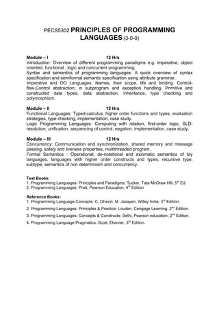 PECS5302 PRINCIPLES        OF PROGRAMMING
                             LANGUAGES (3-0-0)

Module – I                                12 Hrs
Introduction: Overview of different programming paradigms e.g. imperative, object
oriented, functional , logic and concurrent programming.
Syntax and semantics of programming languages: A quick overview of syntax
specification and semiformal semantic specification using attribute grammar.
Imperative and OO Languages: Names, their scope, life and binding. Control-
flow,Control abstraction; in subprogram and exception handling. Primitive and
constructed data types, data abstraction, inheritance, type checking and
polymorphism.

Module – II                               12 Hrs
Functional Languages: Typed-calculus, higher order functions and types, evaluation
strategies, type checking, implementation, case study.
Logic Programming Languages: Computing with relation, first-order logic, SLD-
resolution, unification, sequencing of control, negation, implementation, case study.

Module – III                             12 Hrs
Concurrency: Communication and synchronization, shared memory and message
passing, safety and liveness properties, multithreaded program.
Formal Semantics : Operational, de-notational and axiomatic semantics of toy
languages, languages with higher order constructs and types, recursive type,
subtype, semantics of non determinism and concurrency.


Text Books:
1. Programming Languages: Principles and Paradigms: Tucker, Tata McGraw Hill, 5th Ed.
2. Programming Languages: Pratt, Pearson Education, 4th Edition

Reference Books:
1. Programming Language Concepts: C. Ghezzi, M. Jazayeri, Willey India, 3rd Edition.
2. Programming Languages: Principles & Practice: Louden, Cengage Learning, 2nd Edition.
3. Programming Languages: Concepts & Constructs: Sethi, Pearson education, 2nd Edition.
4. Programming Language Pragmatics: Scott, Elsevier, 3rd Edition.
 