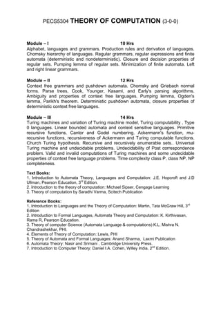 PECS5304 THEORY                OF COMPUTATION (3-0-0)


Module – I                                    10 Hrs
Alphabet, languages and grammars. Production rules and derivation of languages.
Chomsky hierarchy of languages. Regular grammars, regular expressions and finite
automata (deterministic and nondeterministic). Closure and decision properties of
regular sets. Pumping lemma of regular sets. Minimization of finite automata. Left
and right linear grammars.

Module – II                                 12 Hrs
Context free grammars and pushdown automata. Chomsky and Griebach normal
forms. Parse trees, Cook, Younger, Kasami, and Early's parsing algorithms.
Ambiguity and properties of context free languages. Pumping lemma, Ogden's
lemma, Parikh's theorem. Deterministic pushdown automata, closure properties of
deterministic context free languages.

Module – III                                   14 Hrs
Turing machines and variation of Turing machine model, Turing computability , Type
0 languages. Linear bounded automata and context sensitive languages. Primitive
recursive functions. Cantor and Godel numbering. Ackermann's function, mu-
recursive functions, recursiveness of Ackermann and Turing computable functions.
Church Turing hypothesis. Recursive and recursively enumerable sets.. Universal
Turing machine and undecidable problems. Undecidability of Post correspondence
problem. Valid and invalid computations of Turing machines and some undecidable
properties of context free language problems. Time complexity class P, class NP, NP
completeness.

Text Books:
1. Introduction to Automata Theory, Languages and Computation: J.E. Hopcroft and J.D
Ullman, Pearson Education, 3rd Edition.
2. Introduction to the theory of computation: Michael Sipser, Cengage Learning
3. Theory of computation by Saradhi Varma, Scitech Publication

Reference Books:
1. Introduction to Languages and the Theory of Computation: Martin, Tata McGraw Hill, 3rd
Edition
2. Introduction to Formal Languages, Automata Theory and Computation: K. Kirthivasan,
Rama R, Pearson Education.
3. Theory of computer Science (Automata Language & computations) K.L. Mishra N.
Chandrashekhar, PHI.
4. Elements of Theory of Computation: Lewis, PHI
5. Theory of Automata and Formal Languages: Anand Sharma, Laxmi Publication
6. Automata Theory: Nasir and Srimani , Cambridge University Press.
7. Introduction to Computer Theory: Daniel I.A. Cohen, Willey India, 2nd Edition.
 