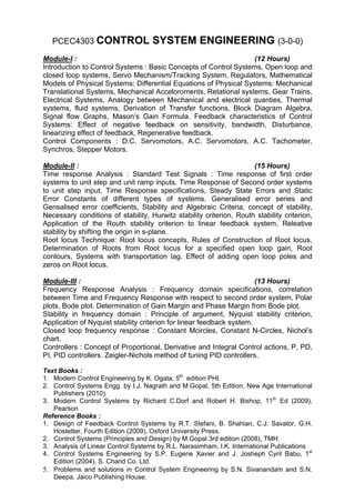 PCEC4303 CONTROL                 SYSTEM ENGINEERING (3-0-0)
Module-I :                                                        (12 Hours)
Introduction to Control Systems : Basic Concepts of Control Systems, Open loop and
closed loop systems, Servo Mechanism/Tracking System, Regulators, Mathematical
Models of Physical Systems: Differential Equations of Physical Systems: Mechanical
Translational Systems, Mechanical Acceloroments, Retational systems, Gear Trains,
Electrical Systems, Analogy between Mechanical and electrical quanties, Thermal
systems, fluid systems, Derivation of Transfer functions, Block Diagram Algebra,
Signal flow Graphs, Mason’s Gain Formula. Feedback characteristics of Control
Systems: Effect of negative feedback on sensitivity, bandwidth, Disturbance,
linearizing effect of feedback, Regenerative feedback.
Control Components : D.C. Servomotors, A.C. Servomotors, A.C. Tachometer,
Synchros, Stepper Motors.

Module-II :                                                          (15 Hours)
Time response Analysis : Standard Test Signals : Time response of first order
systems to unit step and unit ramp inputs. Time Response of Second order systems
to unit step input, Time Response specifications, Steady State Errors and Static
Error Constants of different types of systems. Generalised error series and
Gensalised error coefficients, Stability and Algebraic Criteria, concept of stability,
Necessary conditions of stability, Hurwitz stability criterion, Routh stability criterion,
Application of the Routh stability criterion to linear feedback system, Releative
stability by shifting the origin in s-plane.
Root locus Technique: Root locus concepts, Rules of Construction of Root locus,
Determination of Roots from Root locus for a specified open loop gain, Root
contours, Systems with transportation lag. Effect of adding open loop poles and
zeros on Root locus.

Module-III :                                                           (13 Hours)
Frequency Response Analysis : Frequency domain specifications, correlation
between Time and Frequency Response with respect to second order system, Polar
plots, Bode plot. Determination of Gain Margin and Phase Margin from Bode plot.
Stability in frequency domain : Principle of argument, Nyquist stability criterion,
Application of Nyquist stability criterion for linear feedback system.
Closed loop frequency response : Constant Mcircles, Constant N-Circles, Nichol’s
chart.
Controllers : Concept of Proportional, Derivative and Integral Control actions, P, PD,
PI, PID controllers. Zeigler-Nichols method of tuning PID controllers.

Text Books :
1. Modern Control Engineering by K. Ogata, 5th edition PHI.
2. Control Systems Engg. by I.J. Nagrath and M.Gopal, 5th Edition, New Age International
   Publishers (2010).
3. Modern Control Systems by Richard C.Dorf and Robert H. Bishop, 11th Ed (2009),
   Pearson
Reference Books :
1. Design of Feedback Control Systems by R.T. Stefani, B. Shahian, C.J. Savator, G.H.
   Hostetter, Fourth Edition (2009), Oxford University Press.
2. Control Systems (Principles and Design) by M.Gopal 3rd edition (2008), TMH.
3. Analysis of Linear Control Systems by R.L. Narasimham, I.K. International Publications
4. Control Systems Engineering by S.P. Eugene Xavier and J. Josheph Cyril Babu, 1st
   Edition (2004), S. Chand Co. Ltd.
5. Problems and solutions in Control System Engineering by S.N. Sivanandam and S.N.
   Deepa, Jaico Publishing House.
 