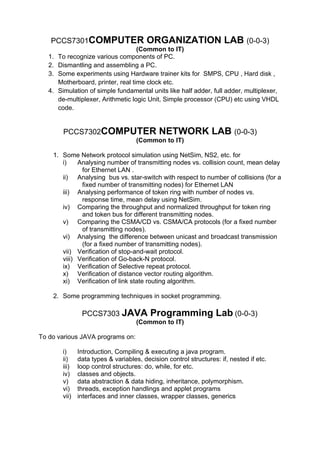 PCCS7301COMPUTER                       ORGANIZATION LAB (0-0-3)
                                     (Common to IT)
   1.   To recognize various components of PC.
   2.   Dismantling and assembling a PC.
   3.   Some experiments using Hardware trainer kits for SMPS, CPU , Hard disk ,
        Motherboard, printer, real time clock etc.
   4.   Simulation of simple fundamental units like half adder, full adder, multiplexer,
        de-multiplexer, Arithmetic logic Unit, Simple processor (CPU) etc using VHDL
        code.


         PCCS7302COMPUTER                     NETWORK LAB (0-0-3)
                                      (Common to IT)

    1. Some Network protocol simulation using NetSim, NS2, etc. for
       i)    Analysing number of transmitting nodes vs. collision count, mean delay
              for Ethernet LAN .
       ii) Analysing bus vs. star-switch with respect to number of collisions (for a
              fixed number of transmitting nodes) for Ethernet LAN
       iii) Analysing performance of token ring with number of nodes vs.
              response time, mean delay using NetSim.
       iv) Comparing the throughput and normalized throughput for token ring
              and token bus for different transmitting nodes.
       v) Comparing the CSMA/CD vs. CSMA/CA protocols (for a fixed number
              of transmitting nodes).
       vi) Analysing the difference between unicast and broadcast transmission
              (for a fixed number of transmitting nodes).
       vii) Verification of stop-and-wait protocol.
       viii) Verification of Go-back-N protocol.
       ix) Verification of Selective repeat protocol.
       x) Verification of distance vector routing algorithm.
       xi) Verification of link state routing algorithm.

    2. Some programming techniques in socket programming.

                 PCCS7303 JAVA             Programming Lab (0-0-3)
                                      (Common to IT)

To do various JAVA programs on:

         i)     Introduction, Compiling & executing a java program.
         ii)    data types & variables, decision control structures: if, nested if etc.
         iii)   loop control structures: do, while, for etc.
         iv)    classes and objects.
         v)     data abstraction & data hiding, inheritance, polymorphism.
         vi)    threads, exception handlings and applet programs
         vii)   interfaces and inner classes, wrapper classes, generics
 