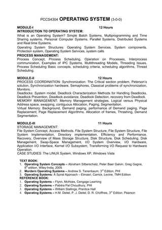 PCCS4304     OPERATING SYSTEM (3-0-0)
MODULE-I                                              12 Hours
INTRODUCTION TO OPERATING SYSTEM:
What is an Operating System? Simple Batch Systems, Multiprogramming and Time
Sharing systems. Personal Computer Systems, Parallel Systems, Distributed Systems
and Real time Systems.
Operating System Structures: Operating System Services, System components,
Protection system, Operating System Services, system calls
PROCESS MANAGEMENT:
Process Concept, Process Scheduling, Operation on Processes, Interprocess
communication, Examples of IPC Systems, Multithreading Models, Threading Issues,
Process Scheduling Basic concepts, scheduling criteria, scheduling algorithms, Thread
Scheduling.

MODULE-II                                            12 Hours
PROCESS COORDINATION: Synchronization: The Critical section problem, Peterson’s
solution, Synchronization hardware, Semaphores, Classical problems of synchronization,
Monitors.
Deadlocks: System model, Deadlock Characterization Methods for Handling Deadlocks,
Deadlock Prevention, Deadlock avoidance, Deadlock Detection, recovery from Deadlock.
MEMORY MANAGEMENT: Memory Management strategies, Logical versus Physical
Address space, swapping, contiguous Allocation, Paging, Segmentation.
Virtual Memory: Background, Demand paging, performance of Demand paging, Page
Replacement, Page Replacement Algorithms. Allocation of frames, Thrashing, Demand
Segmentation.

MODULE-III                                            11 Hours
STORAGE MANAGEMENT:
File System Concept, Access Methods, File System Structure, File System Structure, File
System Implementation, Directory implementation, Efficiency and Performance,
Recovery, Overview of Mass Storage Structure, Disk Structure, Disk Scheduling, Disk
Management, Swap-Space Management, I/O System Overview, I/O Hardware,
Application I/O Interface, Kernel I/O Subsystem, Transforming I/O Request to Hardware
Operation.
CASE STUDIES: The LINUX System, Windows XP, Windows Vista

 TEXT BOOK:
 1. Operating System Concepts – Abraham Silberschatz, Peter Baer Galvin, Greg Gagne,
    8th edition, Wiley-India, 2009.
 2. Mordern Operating Systems – Andrew S. Tanenbaum, 3rd Edition, PHI
 3. Operating Systems: A Spiral Approach – Elmasri, Carrick, Levine, TMH Edition
 REFERENCE BOOK:
 1. Operating Systems – Flynn, McHoes, Cengage Learning
 2. Operating Systems – Pabitra Pal Choudhury, PHI
 3. Operating Systems – William Stallings, Prentice Hall
 4. Operating Systems – H.M. Deitel, P. J. Deitel, D. R. Choffnes, 3rd Edition, Pearson
 