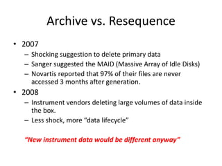 Archive vs. Resequence
• 2007
– Shocking suggestion to delete primary data
– Sanger suggested the MAID (Massive Array of Idle Disks)
– Novartis reported that 97% of their files are never
accessed 3 months after generation.
• 2008
– Instrument vendors deleting large volumes of data inside
the box.
– Less shock, more “data lifecycle”
“New instrument data would be different anyway”
 