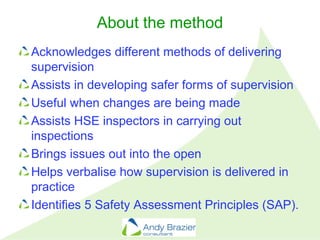 About the method
Acknowledges different methods of delivering
supervision
Assists in developing safer forms of supervision...