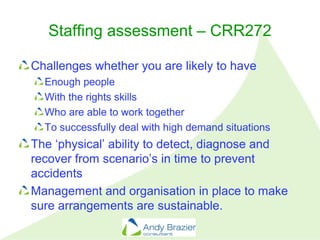 Staffing assessment – CRR272
Challenges whether you are likely to have
Enough people
With the rights skills
Who are able t...