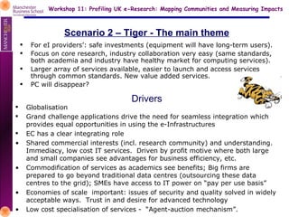 Scenario 2 – Tiger - The main theme For eI providers’: safe investments (equipment will have long-term users). Focus on core research, industry collaboration very easy (same standards, both academia and industry have healthy market for computing services). Larger array of services available, easier to launch and access services through common standards. New value added services. PC will disappear? Globalisation Grand challenge applications drive the need for seamless integration which provides equal opportunities in using the e-Infrastructures EC has a clear integrating role • Shared commercial interests (incl. research community) and understanding.  Immediacy, low cost IT services.  Driven by profit motive where both large and small companies see advantages for business efficiency, etc. • Commodification of services as academics see benefits; Big firms are prepared to go beyond traditional data centres (outsourcing these data centres to the grid); SMEs have access to IT power on “pay per use basis” • Economies of scale  important: issues of security and quality solved in widely acceptable ways.  Trust in and desire for advanced technology • Low cost specialisation of services -  “Agent-auction mechanism”. Drivers 