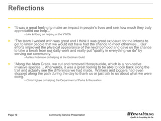 Reflections “ It was a great feeling to make an impact in people’s lives and see how much they truly appreciated our help...” ~Julie Ahlberg on helping at the YWCA “ The team I worked with was great and I think it was great exposure for the interns to get to know people that we would not have had the chance to meet otherwise... Our efforts improved the physical appearance of the neighborhood and gave us the chance to take a break from our daily work and really put "quality in everything we do" by serving our community.” ~Ashley Robinson on helping at the Godman Guild “ Along the Alum Creek, we cut and removed Honeysuckle, which is a non-native invasive species… Afterwards, it was a great feeling to be able to look back along the trail and actually see the difference we had made.  Walkers and joggers had even stopped along the path during the day to thank us or just talk to us about what we were doing.” ~ Chris Higbee on helping the Department of Parks & Recreation 