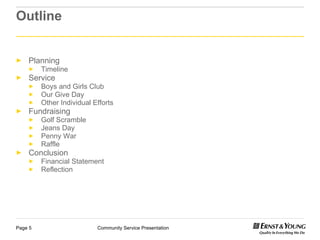 Outline Planning Timeline Service Boys and Girls Club Our Give Day Other Individual Efforts Fundraising Golf Scramble Jeans Day Penny War Raffle Conclusion Financial Statement Reflection 