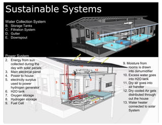 Sustainable Systems Power System Energy from sun collected during the day with solar panels Main electrical panel Power to house electricity surplus used to power hydrogen generator H2O tank Oxygen storage Hydrogen storage Fuel Cell 9. Moisture from rooms is drawn into dehumidifier 10. Excess water goes into H2O tank 11. Dry air goes into air handler 12. Dry cooled Air gets distributed through out the house 13. Water heater connected to solar System 1 2 3 4 5 6 7 8 9 10 11 12 Water Collection System Storage Tanks Filtration System Gutter Downspout  A A A B C D D 13 