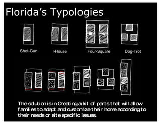 Florida’s Typologies I-House Four-Square Dog-Trot Shot-Gun The solution is in Creating a kit of parts that will allow families to adapt and customize their home according to their needs or site specific issues.  