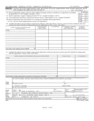 Form 990-EZ (2008)      LYNNWOOD ROTARY COMMUNITY FOUNDATION                                     91-1495396         Page 4
Part VI           Section 501(c)(3) organizations only. All section 501(c)(3) organizations must answer questions 46-49
                  and complete the tables for lines 50 and 51.                                    SEE STATEMENT 5
 46 Did the organization engage in direct or indirect political campaign activities on behalf of or in opposition to candidates                                                                     Yes       No
    for public office? If 'Yes,' complete Schedule C, Part I . . . . . . . . . . . . . . . . . . . . . . . . . . . . . . . . . . . . . . . . . . . . . . . . . . . . . . . . . . . . . .     46               X
 47 Did the organization engage in lobbying activities? If 'Yes,' complete Schedule C, Part II . . . . . . . . . . . . . . . . . . . . . . . . . . . . . . .                                 47               X
 48 Is the organization operating a school as described in section 170(b)(1)(A)(ii)? If 'Yes,' complete Schedule E. . . . . . . . . . . . .                                                  48               X
 49 a Did the organization make any transfers to an exempt non-charitable related organization?. . . . . . . . . . . . . . . . . . . . . . . . . . . . .                                     49 a             X
    b If 'Yes,' was the related organization(s) a section 527 organization?. . . . . . . . . . . . . . . . . . . . . . . . . . . . . . . . . . . . . . . . . . . . . . . . . .               49 b

 50 Complete this table for the five highest compensated employees (other than officers, directors, trustees and key employees) who each
    received more than $100,000 of compensation from the organization. If there is none, enter 'None.'
                                                                                (b) Title and average               (c) Compensation           (d) Contributions to employee                 (e) Expense
            (a) Name and address of each employee paid                             hours per week                                                     benefit plans and                      account and
                       more than $100,000                                        devoted to position                                               deferred compensation                   other allowances

NONE




Total number of other employees paid over $100,000. . . . . . . .      G

 51 Complete this table for the five highest compensated independent contractors who each received more than $100,000 of compensation
    from the organization. If there is none, enter 'None.'

                     (a) Name and address of each independent contractor paid more than $100,000                                               (b) Type of service                         (c) Compensation

NONE




Total number of other independent contractors receiving over $100,000. . . . . . . . . . . . . . . .                           G
                Under penalties of perjury, I declare that I have examined this return, including accompanying schedules and statements, and to the best of my knowledge and belief, it is
                true, correct, and complete. Declaration of preparer (other than officer) is based on all information of which preparer has any knowledge.



Sign
Here            G Signature of officer                                                                                                              Date

                      TRAVIS SNIDER                                                                                                            PRESIDENT
                G Type or print name and title.
                                                                                                                           Date                         Check if              Preparer's Identifying Number
                                                                                                                                                                              (See instructions)
Paid            Preparer's
                signature       G JOHN      W FRIENDS, CPA                                                                 11/06/09
                                                                                                                                                        self-
                                                                                                                                                        employed     G        P00166522
Pre-
parer's         Firm's name (or        FRIENDS AND HARVEY ASSOCIATES, INC
                yours if self-
Use             employed),
                address, and
                                G      19721 SCRIBER LAKE ROAD, STE C                                                                               G 20-3587891
                                                                                                                                                        EIN
Only            ZIP + 4                LYNNWOOD, WA 98036                                                                                         (425) 670-1310
                                                                                                                                                        Phone no.   G
May the IRS discuss this return with the preparer shown above? See instructions. . . . . . . . . . . . . . . . . . . . . . . . . . . . . . . . . . . . . . . G X Yes No
BAA                                                                                                                                                                                  Form 990-EZ (2008)




                                                                                            TEEA0812L      01/14/09
 