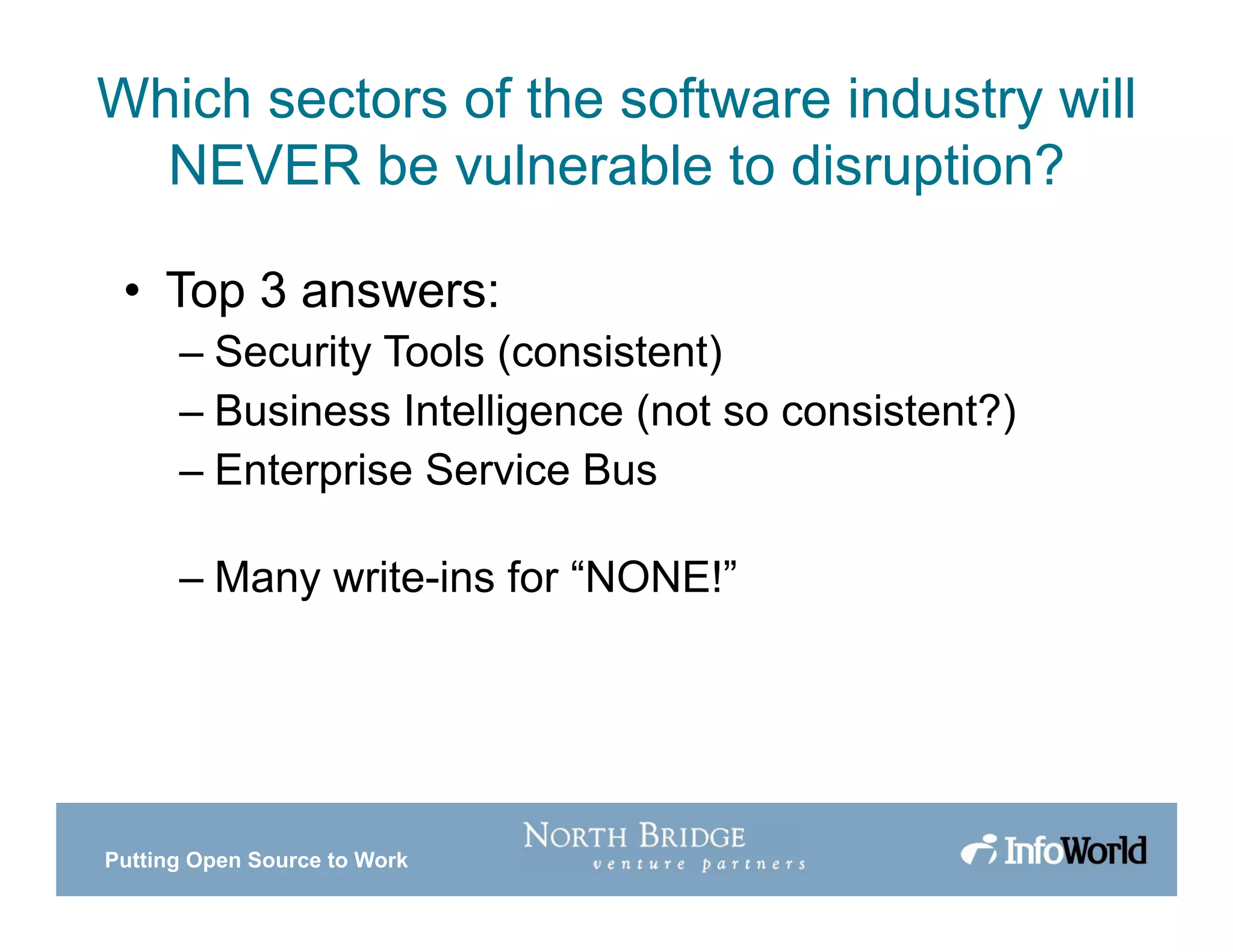 Putting Open Source to Work
Which sectors of the software industry will
NEVER be vulnerable to disruption?
• Top 3 answers:
– Security Tools (consistent)
– Business Intelligence (not so consistent?)
– Enterprise Service Bus
– Many write-ins for “NONE!”
 