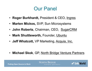 Putting Open Source to Work
Our Panel
• Roger Burkhardt, President & CEO, Ingres
• Marten Mickos, SVP, Sun Microsystems
• John Roberts, Chairman, CEO, SugarCRM
• Mark Shuttleworth, Founder, Ubuntu
• Jeff Whatcott, VP Marketing, Acquia, Inc.
• Michael Skok, GP, North Bridge Venture Partners
 