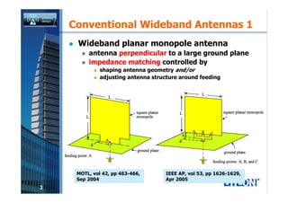 Conventional Wideband Antennas 1
     Wideband planar monopole antenna
         antenna perpendicular to a large ground pl...