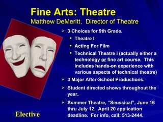 Fine Arts: Theatre    Matthew DeMeritt,  Director of Theatre 3 Choices for 9th Grade.  Theatre I Acting For Film Technical Theatre I (actually either a technology  or  fine art course.  This includes hands-on experience with various aspects of technical theatre) 3 Major After-School Productions. Student directed shows throughout the year. Summer Theatre, “Seussical”, June 16 thru July 12.  April 20 application deadline.  For info, call: 513-2444.   Elective 