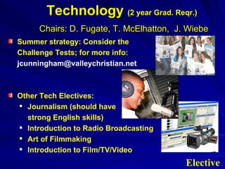 Technology  (2 year Grad. Reqr.)   Chairs: D. Fugate, T. McElhatton,  J. Wiebe Summer strategy: Consider the  Challenge Tests; for more info:  [email_address] Other Tech Electives: Journalism (should have strong English skills) Introduction to Radio Broadcasting Art of Filmmaking Introduction to Film/TV/Video Elective 