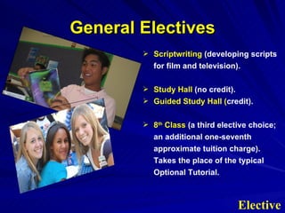 General Electives Scriptwriting  (developing scripts for film and television). Study Hall  (no credit). Guided Study Hall ( credit). 8 th  Class  (a third elective choice; an additional one-seventh approximate tuition charge).  Takes the place of the typical Optional Tutorial. Elective 